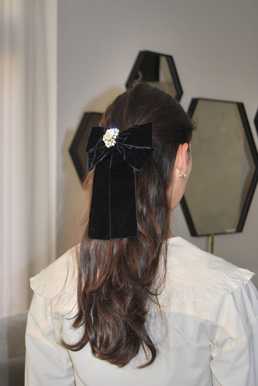 Black jeweled velvet bow